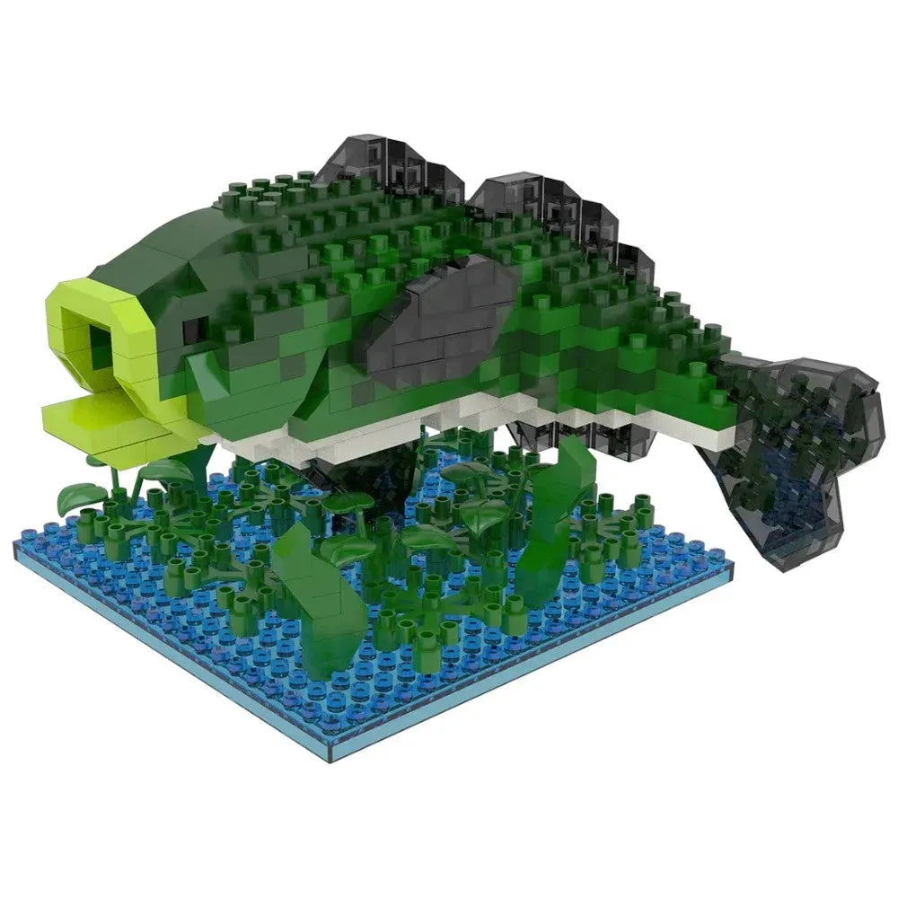 Toy fish made of interlocking bricks on a white background