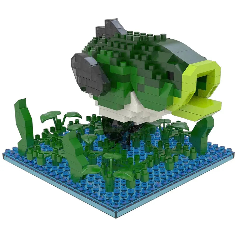 Toy fish made of interlocking bricks on a white background