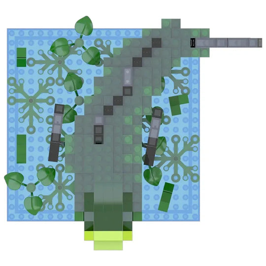 Top view of a green bass fish on a blue base with green plants made of mini interlocking bricks on a white background