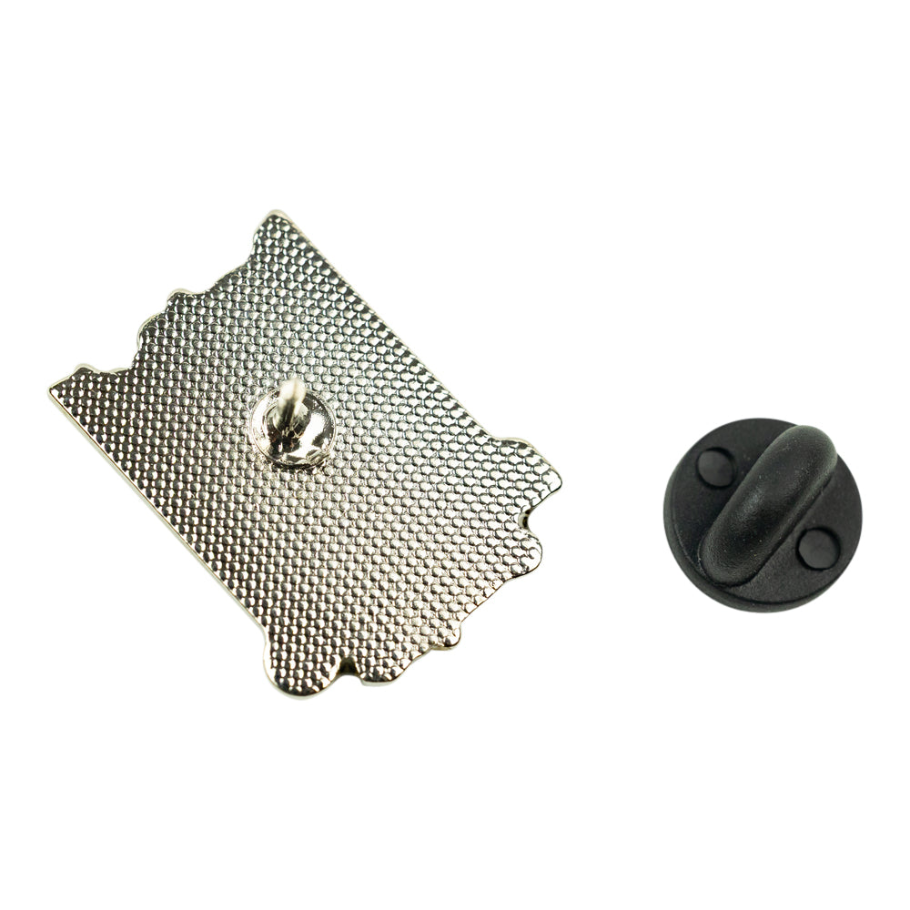 A silver metal pin backing plate with a textured honeycomb pattern and a separate black plastic hook clasp, shown on a plain white background.