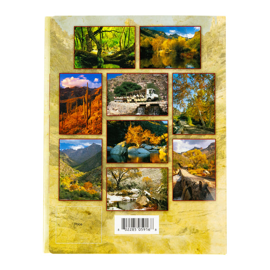Package back of Sabino Canyon Recreation Area postcard set, featuring a textured gold background and a grid of nine landscape photographs with autumn scenery, mountains, and a vehicle. A barcode is printed near the bottom.