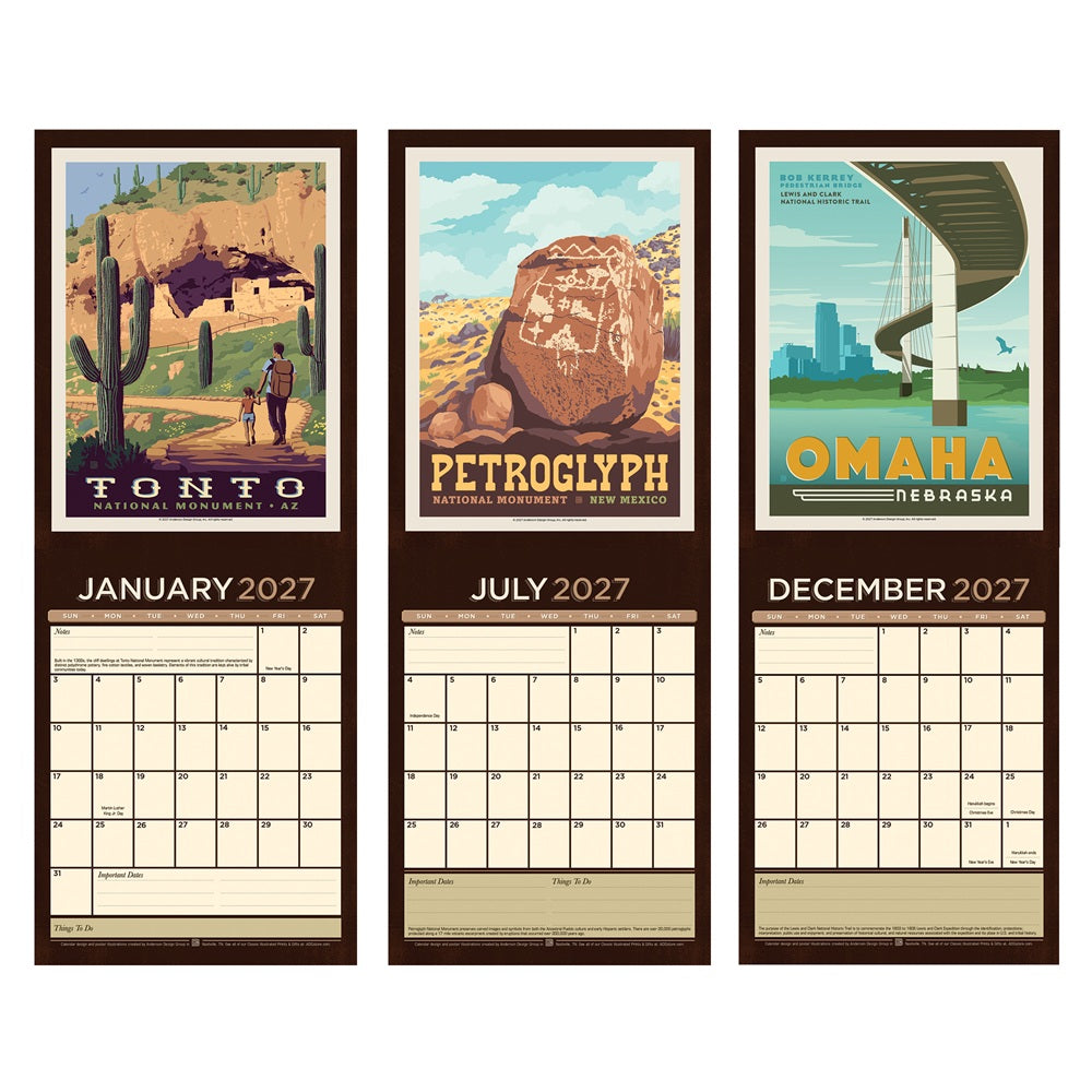 A three-month wall calendar page set showing January, July, and December 2027. Each page features a vintage travel-poster style illustration: Tonto National Monument in Arizona, Petroglyph National Monument in Utah, and Omaha, Nebraska.