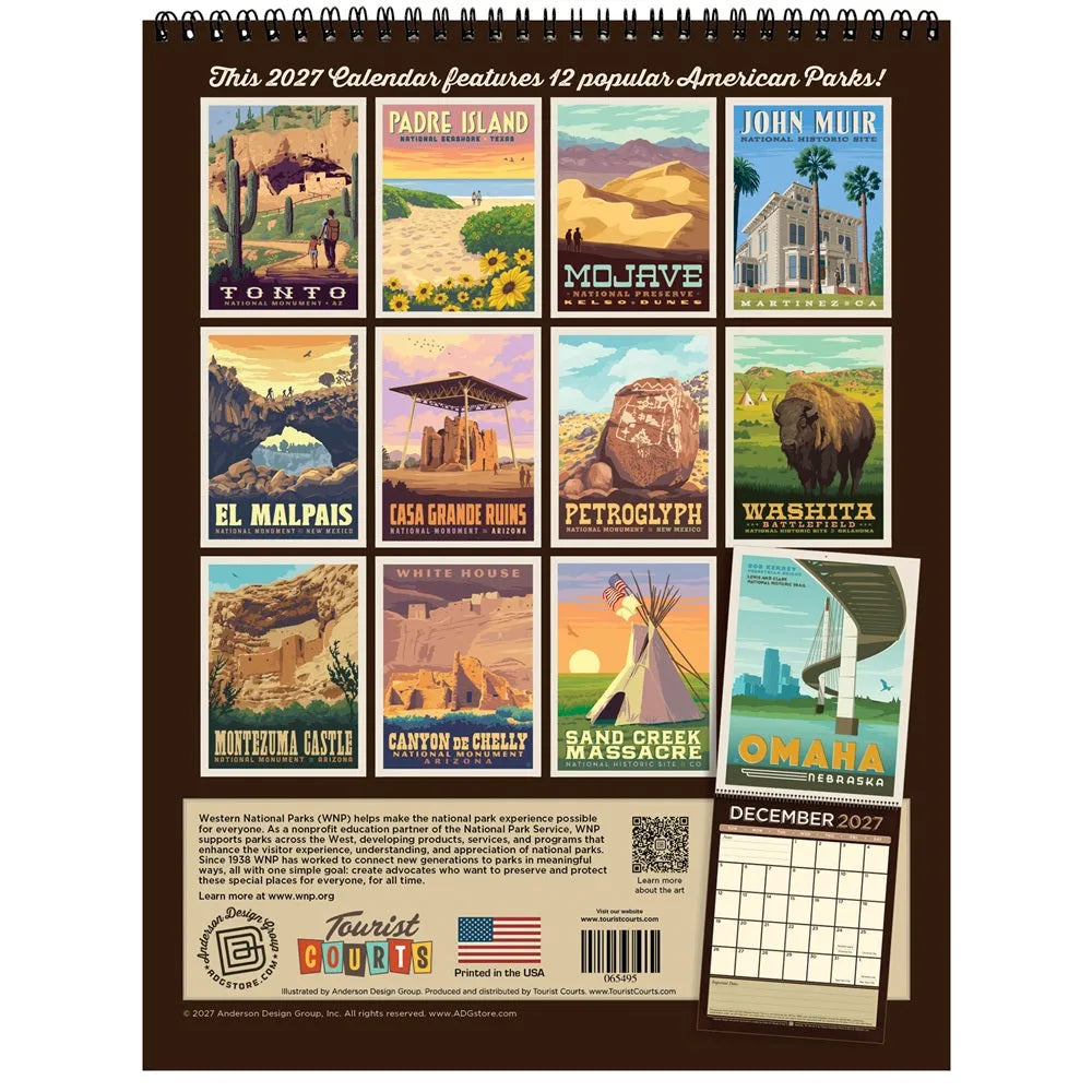 A spiral-bound 2027 wall calendar featuring twelve vintage-style American park posters on a dark brown cover, with a December 2027 calendar page shown at the lower right.
