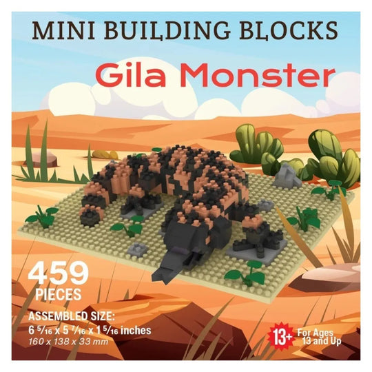 Gila Monster mini building blocks set with desert landscape illustration on packaging