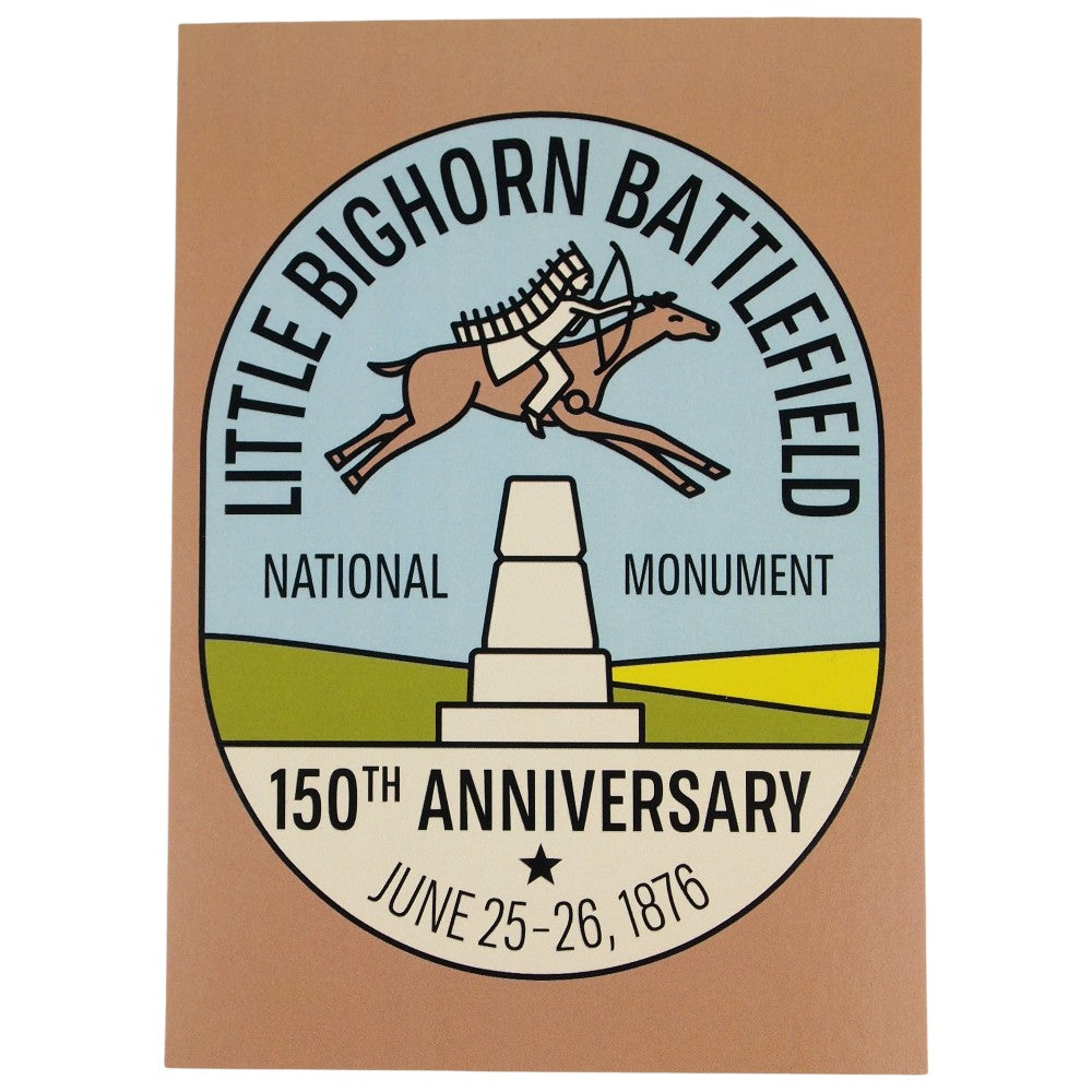 Logo for Little Bighorn Battlefield National Monument with a horse and monument illustration on a brown background.