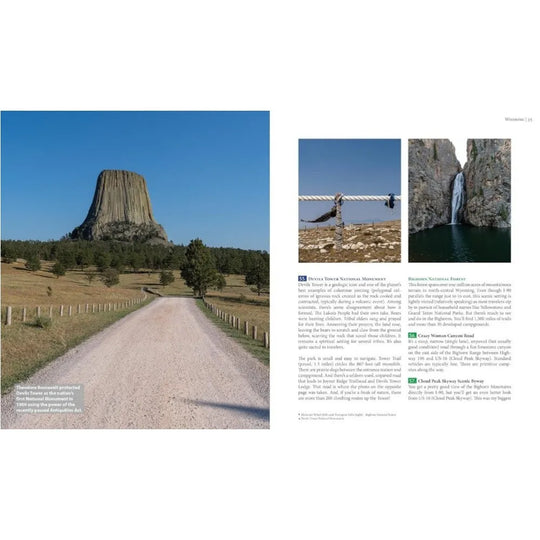 Scenic view of a road leading to Devils Tower with additional images on the right.