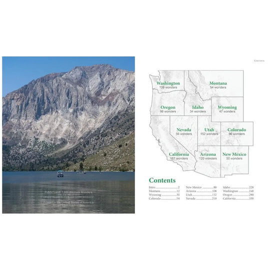 Mountain landscape with a lake and a map of the United States on a white background