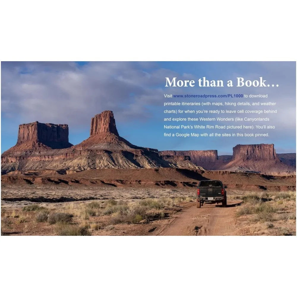 Desert landscape with a truck on a dirt road, promotional text overlay.