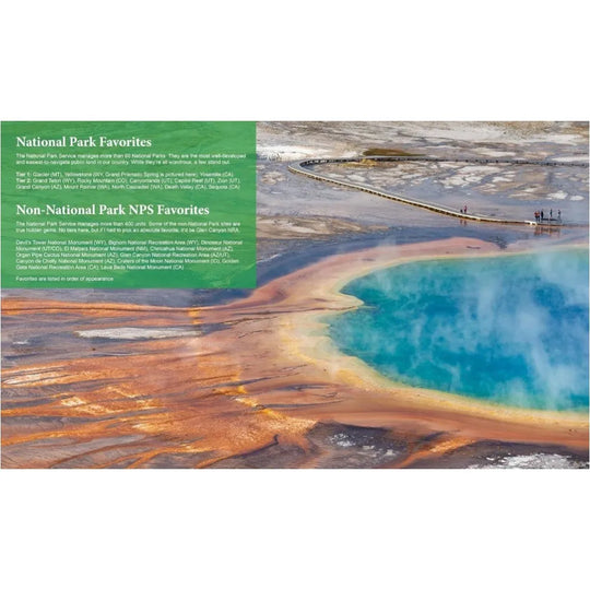 Colorful hot spring with a boardwalk and text overlay on a white background