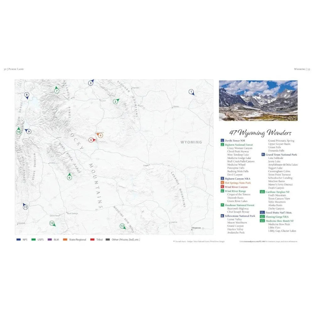 Map of Wyoming with a scenic inset and list of attractions on a white background
