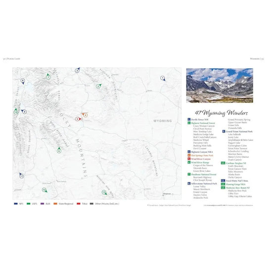 Map of Wyoming with a scenic inset and list of attractions on a white background