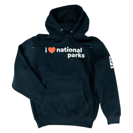 A dark navy blue pullover hoodie with a front kangaroo pocket and drawstring hood, featuring the text &