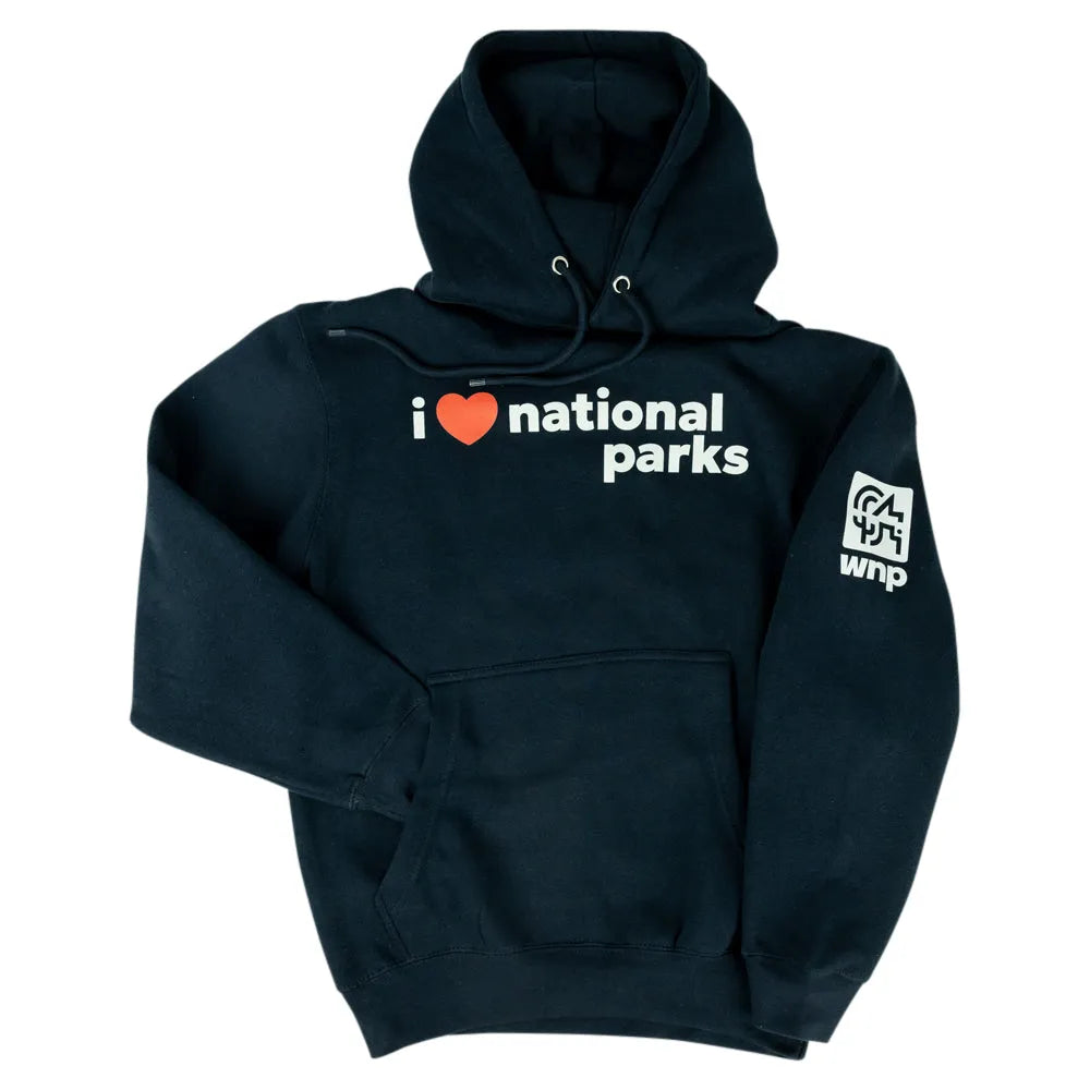 A dark navy blue pullover hoodie with a front kangaroo pocket, featuring the text &