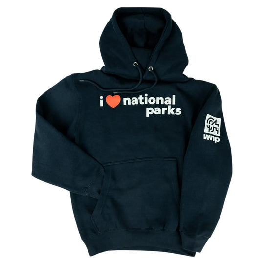 A dark navy blue pullover hoodie with a front kangaroo pocket, featuring the text &