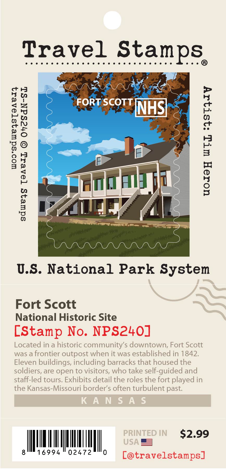 A Travel Stamps collectible stamp card featuring Fort Scott National Historic Site in Kansas. The card displays a central stamp illustration of the historic house, with surrounding text detailing the location, and historical context