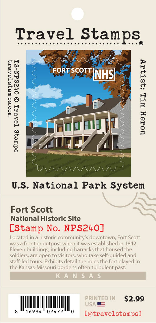 A Travel Stamps collectible stamp card featuring Fort Scott National Historic Site in Kansas. The card displays a central stamp illustration of the historic house, with surrounding text detailing the location, and historical context