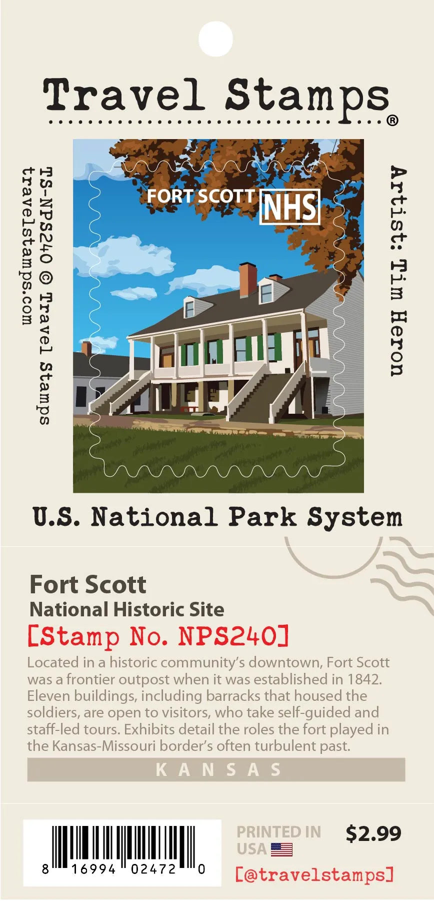 A Travel Stamps collectible stamp card featuring Fort Scott National Historic Site in Kansas. The card displays a central stamp illustration of the historic house, with surrounding text detailing the location, and historical context