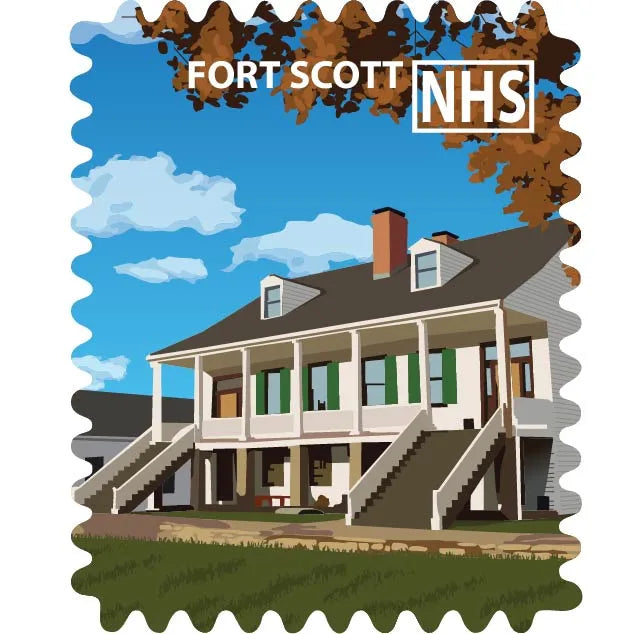 A stylized stamp-like illustration of a large white house with green shutters, stairs, a blue sky, brown tree branches, and the text &