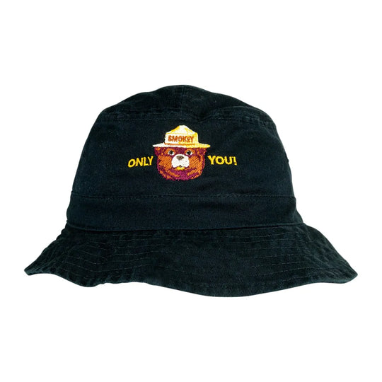 A black bucket hat featuring an embroidered design of a bear wearing a yellow ranger hat with the text &