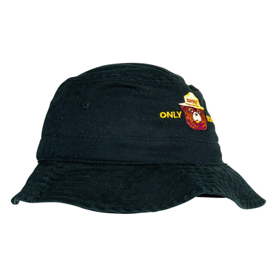 A black cotton bucket hat featuring a small embroidered logo on the side with yellow text reading &