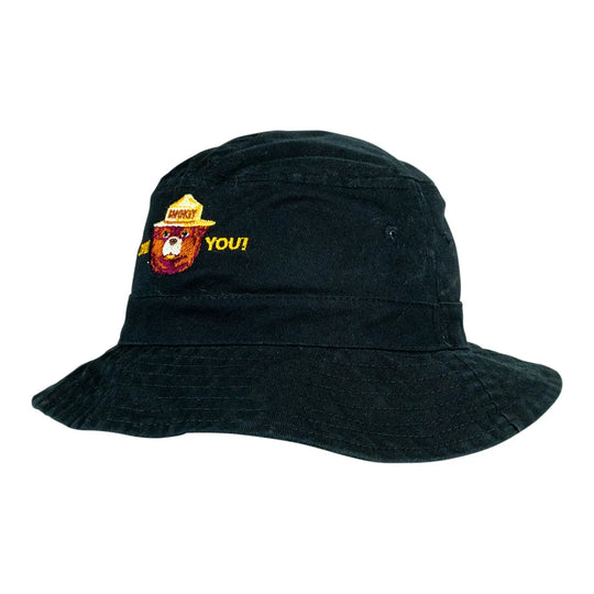 A black bucket hat with a yellow embroidered logo on the front. The hat is photographed against a plain white background.