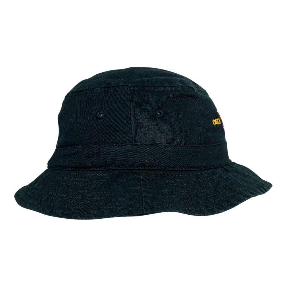 A black bucket hat with a small yellow embroidered  logo on the side, shown against a plain white background.