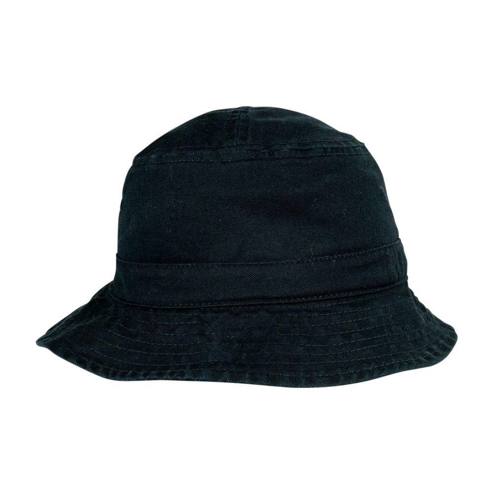 A black canvas bucket hat with a stitched band around the crown, shown from a side profile on a white background.