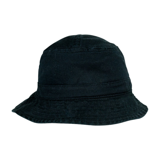 A black canvas bucket hat with a stitched band around the crown, shown from a side profile on a white background.