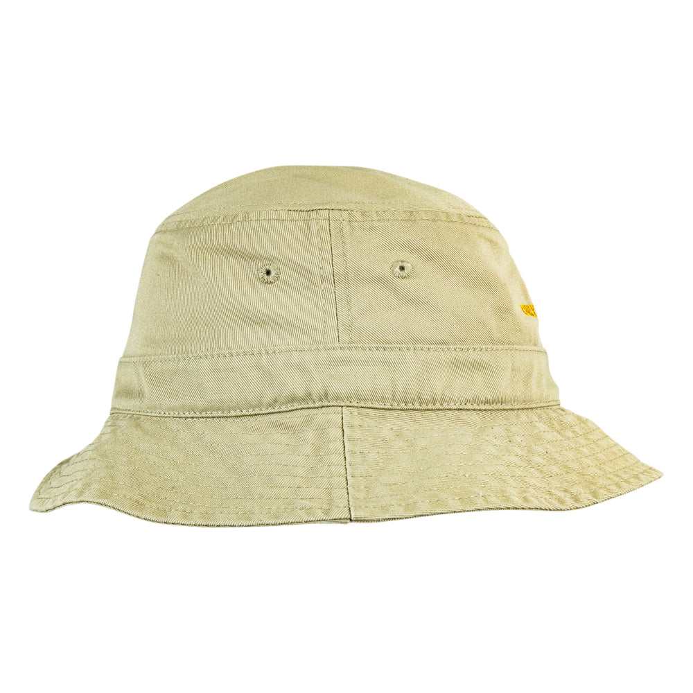 A light beige canvas bucket hat with a small yellow embroidered logo on the side, shown against a plain white background.