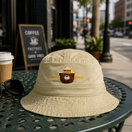 A beige bucket hat with an embroidered brown bear wearing a yellow hat and the words &