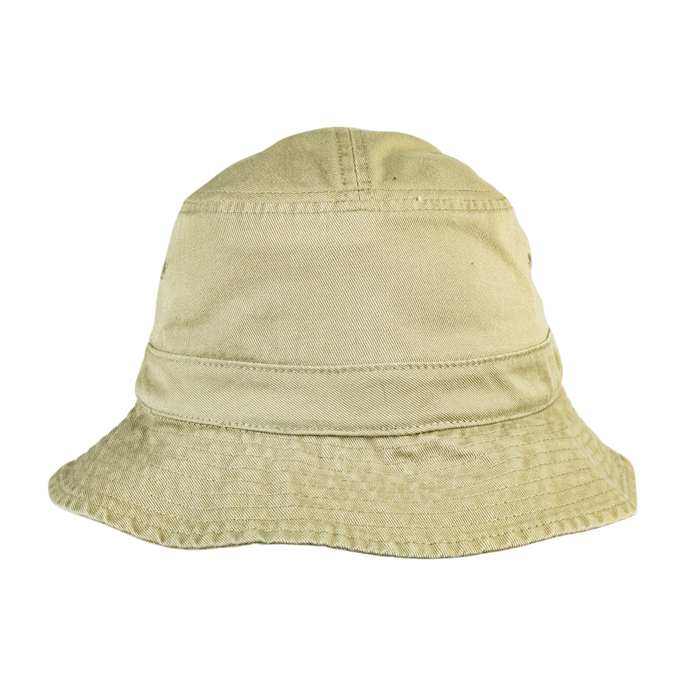 A light khaki canvas bucket hat shown from the back, featuring a stitched band around the crown and a wide brim, set against a plain white background.