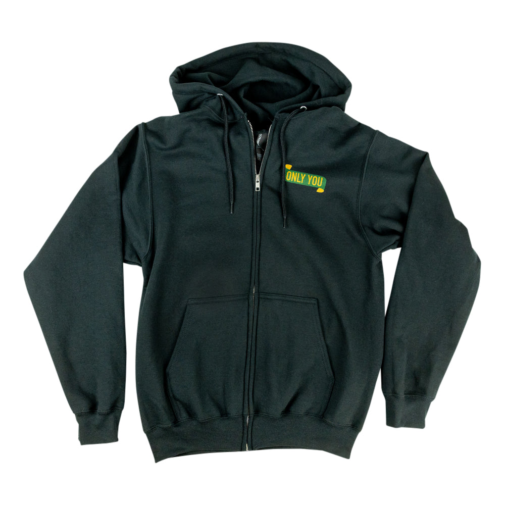 A dark gay full-zip hoodie with a small yellow and green &
