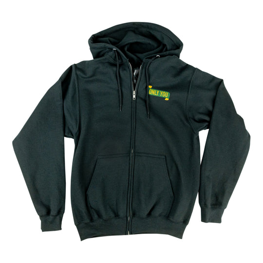 A dark gay full-zip hoodie with a small yellow and green &