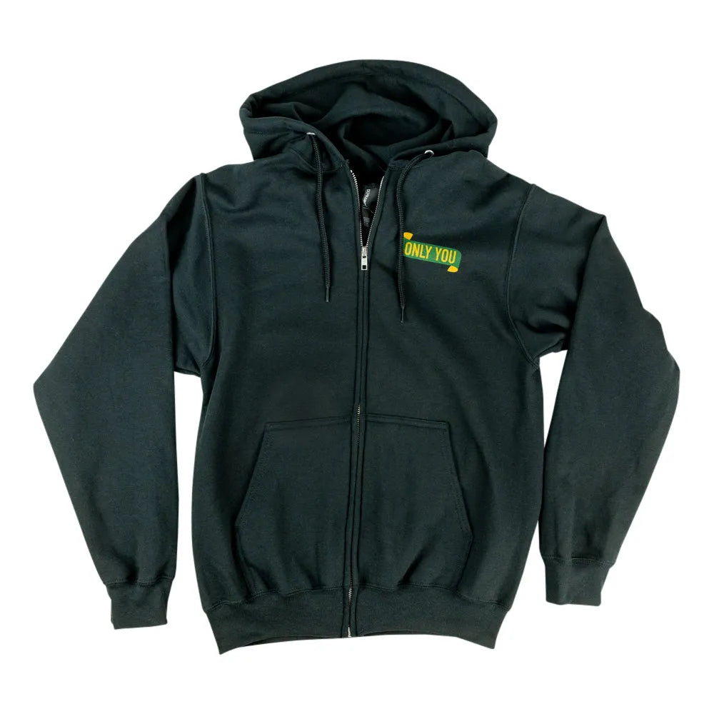 A dark gay full-zip hoodie with a small yellow and green 'ONLY YOU' graphic on the left chest, displayed on a clean white background.