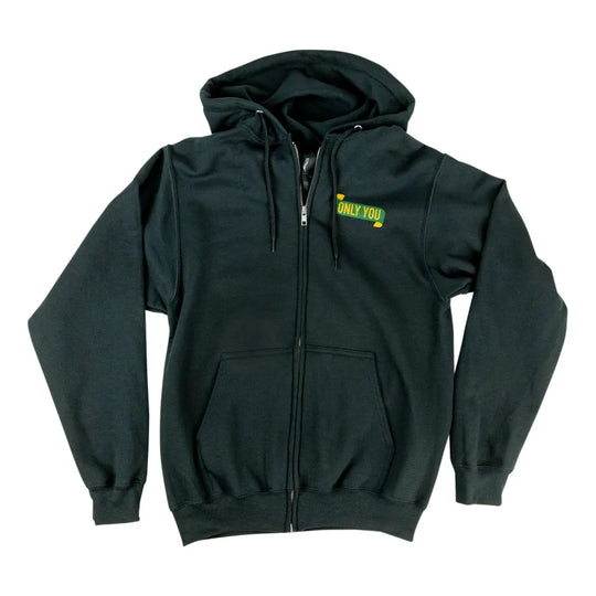 A dark gay full-zip hoodie with a small yellow and green &