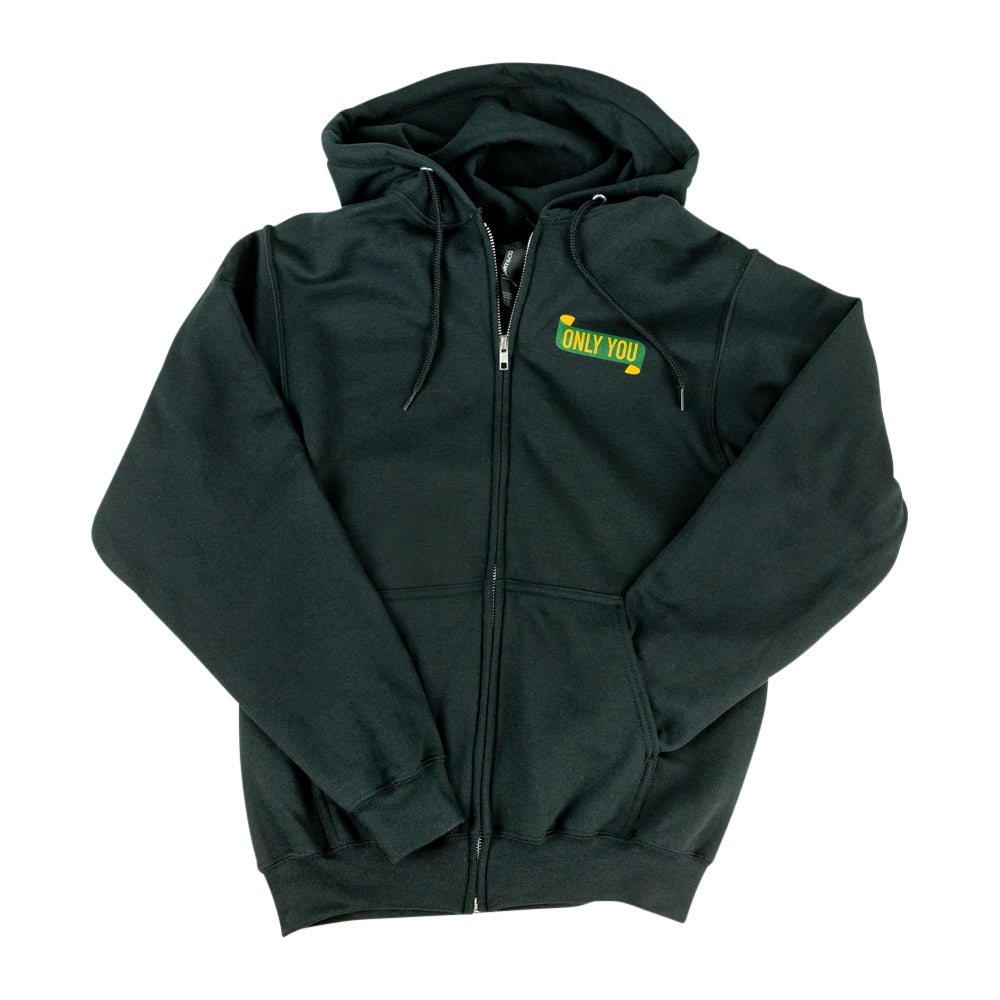 A dark gray full-zip hoodie with a small yellow and green &