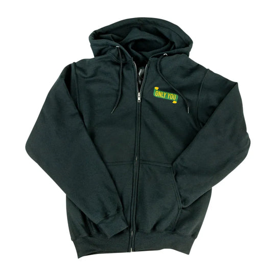 A dark gray full-zip hoodie with a small yellow and green &