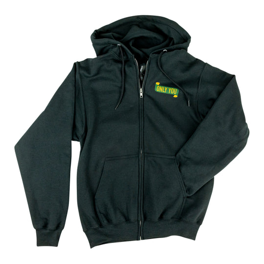 A dark gray zip-up hoodie with a small yellow and green &