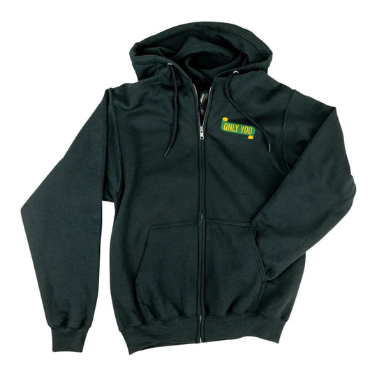 A dark gray zip-up hoodie with a small yellow and green &