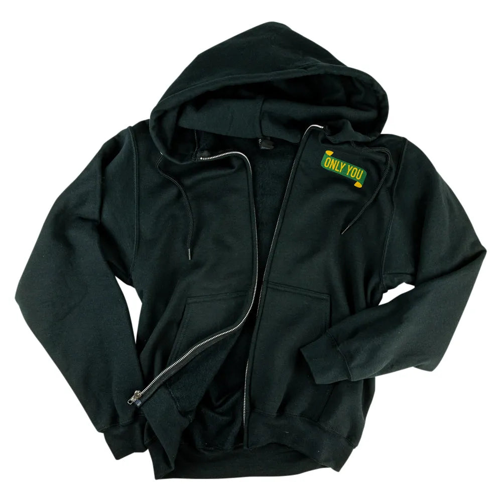 A dark gray zip-up hoodie with a small green and yellow &