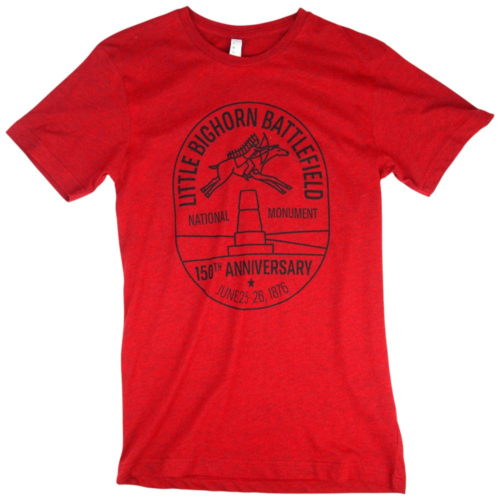 Red t-shirt with Little Bighorn Battlefield National Monument 150th anniversary design on a white background