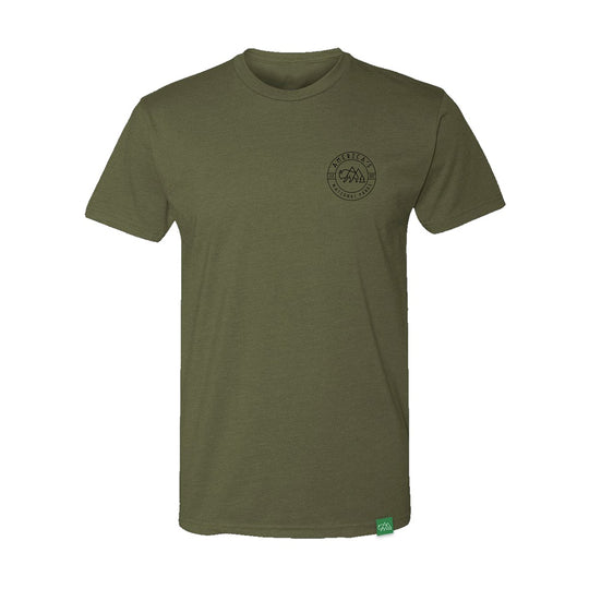 Green t-shirt with a logo on a white background
