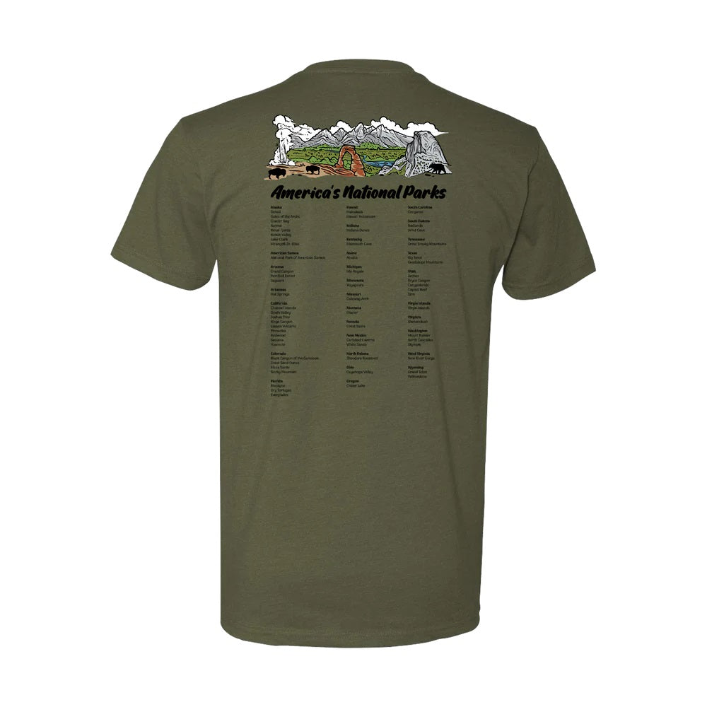 Green t-shirt with a graphic of national parks on the back