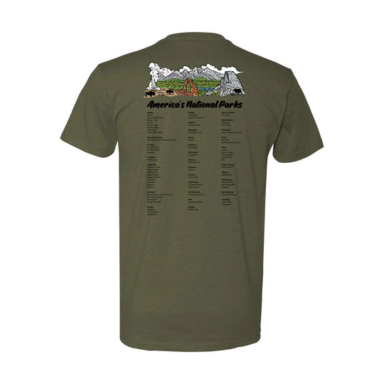 Green t-shirt with a graphic of national parks on the back