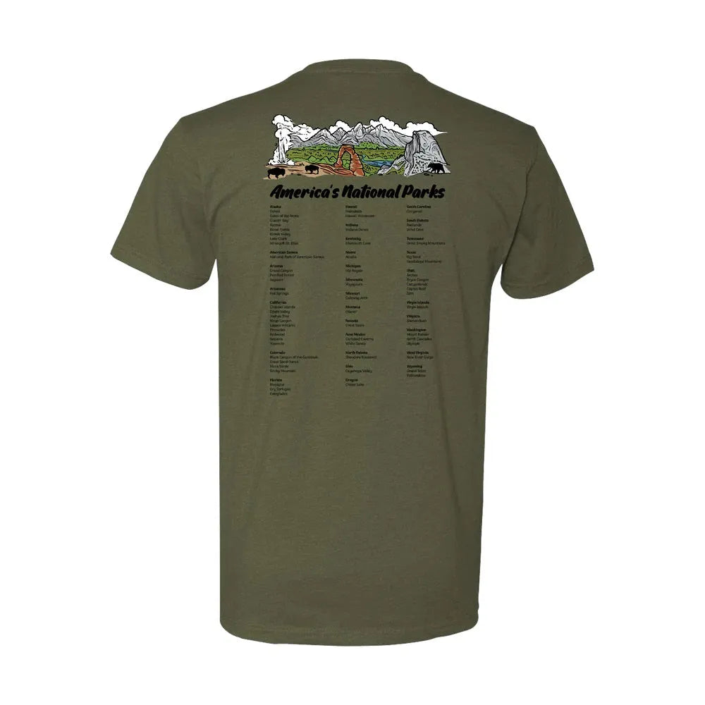 Green t-shirt with a graphic of national parks on the back