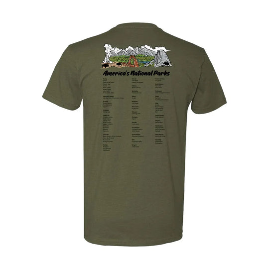Green t-shirt with a graphic of national parks on the back