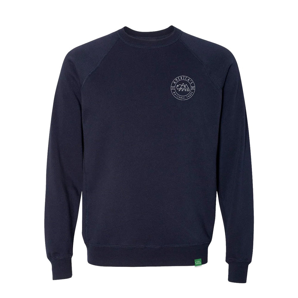 Navy blue sweatshirt with a logo on the chest against a white background