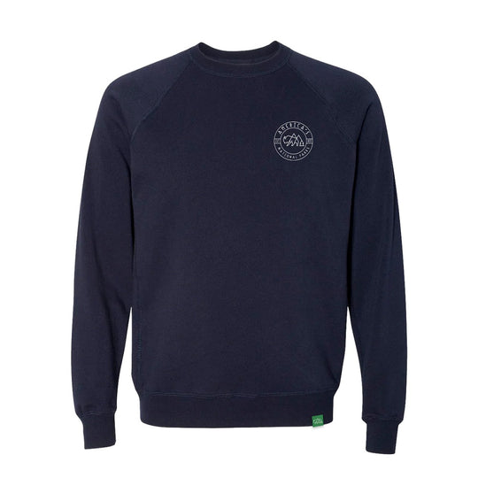 Navy blue sweatshirt with a logo on the chest against a white background