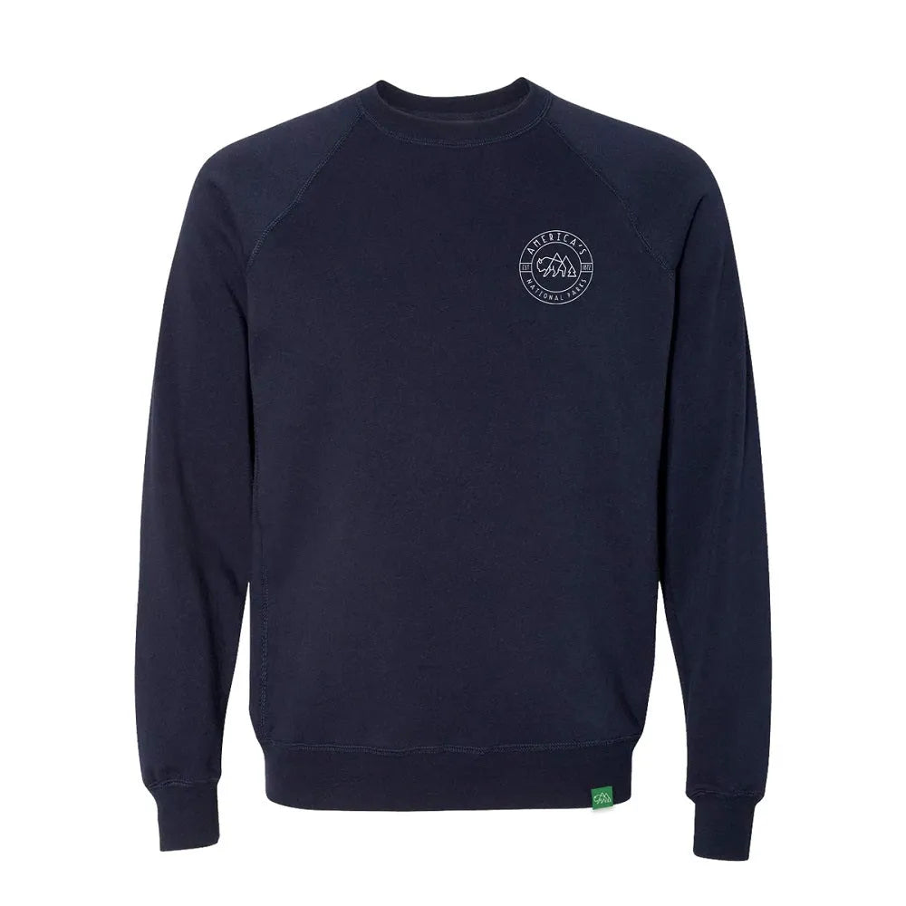 Navy blue sweatshirt with a logo on the chest against a white background