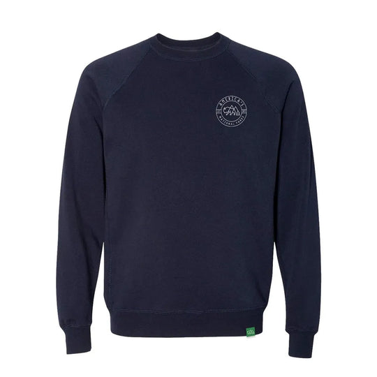 Navy blue sweatshirt with a logo on the chest against a white background